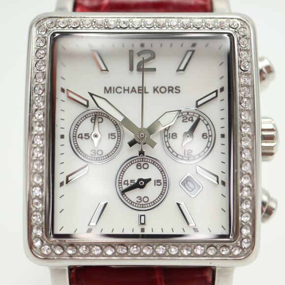 Michael Kors Silver Tone Square 33mm MOP Chronograph Watch Red Alligator Strap main image 12